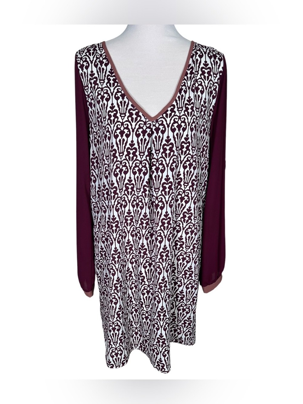 Everly Burgundy Ivory Print Chiffon Sleeve Mini Dress L Romantic Boho 70s